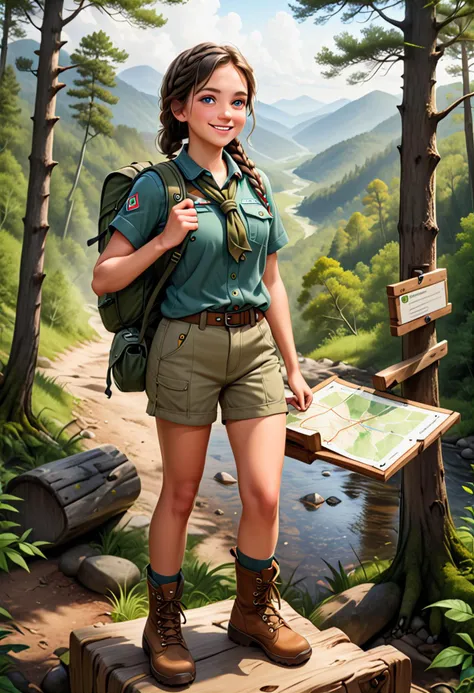 (medium full shot) of (adventurous scout) young woman, spanish, tan skin, blue eyes, Average build, medium dark french braid hair, wearing olive green scout shirt, khaki shorts, rugged boots, holding a binoculars, set in  forest edge with a clear view of the surrounding landscape, a wooden sign marking the start of the trail, benches and a map display for hikers, the sound of rustling leaves and distant animal calls, woman smiling,  ,Masterpiece,best quality, photo, realistic, very aesthetic, detailed face,