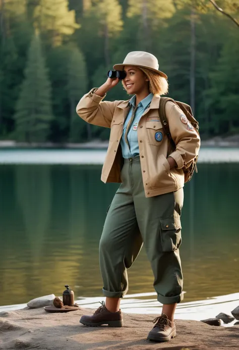 (medium full shot) of (adventurous scout) young woman, black american, dark skin, black eyes, curvy build, medium blonde bob hair, wearing a scout hat, neatly pressed scout jacket, cargo pants, waterproof shoes, holding a binoculars, set in  forest lake with clear water, surrounded by dense trees, a small beach area for swimming, rocks and logs along the shore, scouts skipping stones across the water, at dawn, woman smiling,  ,Masterpiece,best quality, photo, realistic, very aesthetic, detailed face,