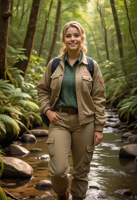 (medium full shot) of (spirited scout) young woman, persian, tan skin, hazel eyes, full-figured build, extra long blonde updo hair, wearing crisp scout jacket, uniform pants, comfortable outdoor shoes, backpack, set in  dense forest with sunlight filtering through the canopy, narrow trails winding through the underbrush, a stream flowing gently beside the path, occasional wildlife sightings, at night, smiling, Masterpiece,best quality, photo, realistic, very aesthetic, detailed face,