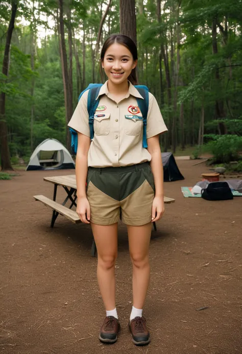 (medium full shot) of (friendly scout) young woman, philippine, fair skin, light brown eyes, willowy build, medium dark bun hair, wearing khaki scout shirt, scout shorts, sturdy shoes, backpack, set in  forest campground with designated sites, each with a tent pad, fire ring, and picnic table, a central restroom and water source, scouts setting up their tents and organizing their gear, at dawn, woman smiling,  ,Masterpiece,best quality, photo, realistic, very aesthetic, detailed face,