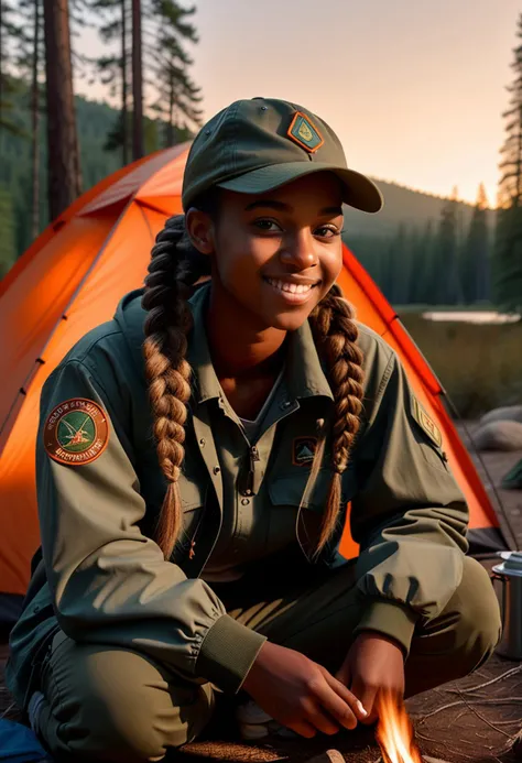 (medium full shot) of (resourceful scout) young woman, black american, dark skin, black eyes, normal build, medium blonde french braid hair, wearing a scout hat, clean scout jacket, camo pants, trail sneakers, scout badge, set in forest campground with designated sites, each with a tent pad, fire ring, and picnic table, a central restroom and water source, scouts setting up their tents and organizing their gear, at sunset, woman smiling, ,volumetric lighting, Masterpiece,best quality, photo, realistic, very aesthetic, detailed face,