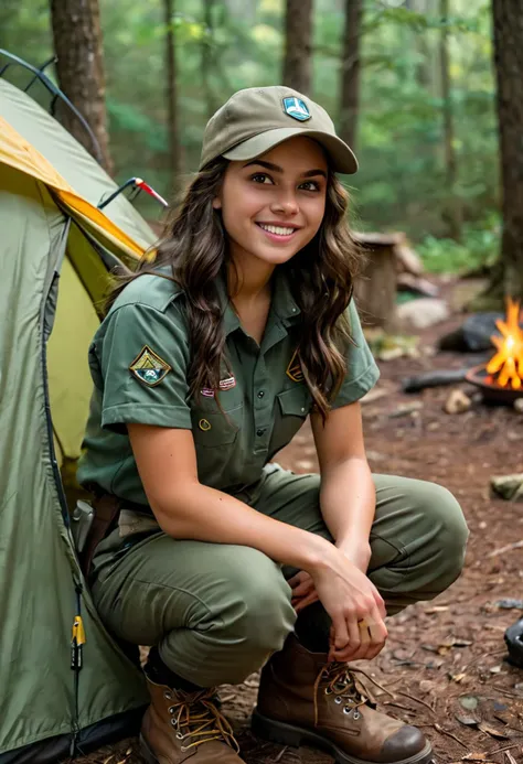 (medium full shot) of  (adventurous scout) young woman, brazilian, tan skin, olive green eyes, voluptuous build, long dark side-swept hair, wearing a scout hat, olive green scout shirt, comfortable hiking pants, rugged boots, scout badge, set in  forest campground with designated sites, each with a tent pad, fire ring, and picnic table, a central restroom and water source, scouts setting up their tents and organizing their gear, at night, woman smiling, ,Masterpiece,best quality, photo, realistic, very aesthetic, detailed face,