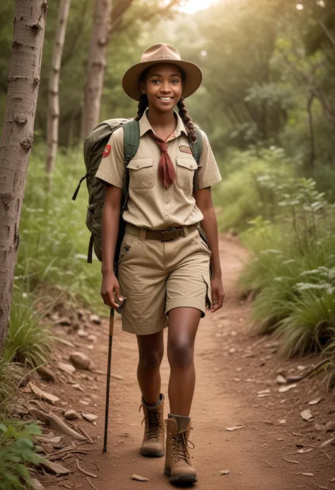 (medium full shot) of (adventurous scout) young woman, south african, dark skin, light brown eyes, normal build, extra long brown french braid hair, wearing a scout hat, khaki scout shirt, scout shorts, rugged boots, backpack, set in  hiking trail with a well-marked path, signs indicating distance and direction, varied terrain with ups and downs, scouts walking with backpacks and hiking sticks, birds singing in the trees , at sunset, smiling, Masterpiece,best quality, photo, realistic, very aesthetic, detailed face,