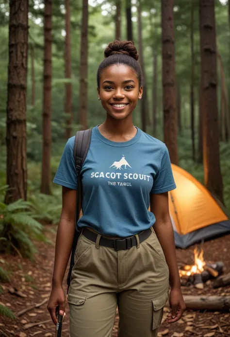 (medium full shot) of (energetic scout) young woman, south african, dark skin, hazel eyes, Medium build, medium hazel low bun hair, wearing scout t-shirt, hiking trousers, trail sneakers, holding a walking stick, set in  forest clearing with tall trees surrounding an open space, the ground covered with fallen leaves, a campfire in the center, tents pitched nearby, birds chirping in the distance, at night, smiling, Masterpiece,best quality, photo, realistic, very aesthetic, detailed face,