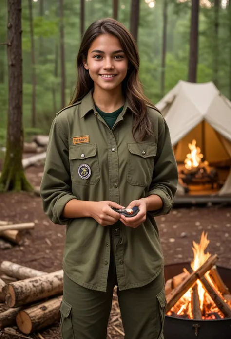 (medium full shot) of (friendly scout) young woman, mexican, caramel skin, dark green eyes, lithe build, extra long brown layered cut hair, wearing olive green scout shirt, uniform pants, comfortable outdoor shoes, holding a compass, set in  remote campground with no amenities, just clearings for tents and a makeshift fire pit, surrounded by dense forest, the sound of nature all around, scouts gathering firewood and preparing for the night, at dawn, smiling, Masterpiece,best quality, photo, realistic, very aesthetic, detailed face,