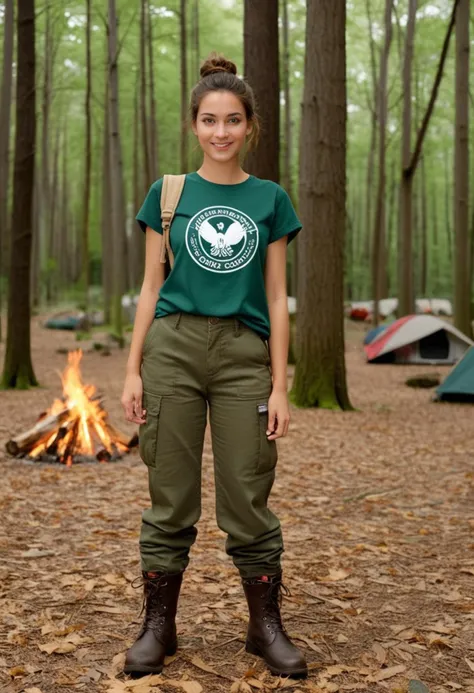 (medium full shot) of (knowledgeable scout) young woman, spanish, tan skin, dark green eyes, slender build, medium hazel low bun hair, wearing scout t-shirt, cargo pants, rugged boots, scout badge, set in  forest clearing with tall trees surrounding an open space, the ground covered with fallen leaves, a campfire in the center, tents pitched nearby, birds chirping in the distance, woman smiling,  ,Masterpiece,best quality, photo, realistic, very aesthetic, detailed face,