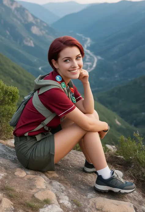 (medium full shot) of (helpful scout) young woman, italian, tan skin, dark Blue eyes, voluptuous build, short red retro hair, wearing scout uniform top, camo pants, trail sneakers, scout badge, set in  mountain trail with a steep incline, rugged path with rocks and roots, breathtaking views of the valleys below, hikers taking a break at a lookout point, the air crisp and cool, at night, woman smiling,  ,Masterpiece,best quality, photo, realistic, very aesthetic, detailed face,