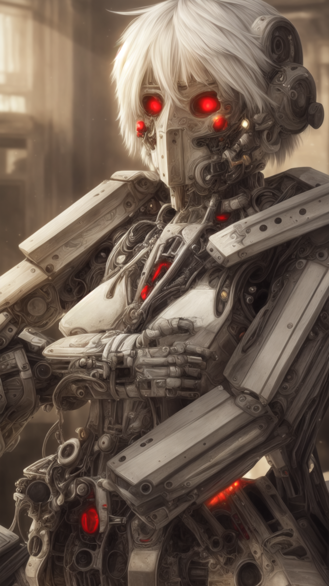 A close up of a robot with red eyes and a gun - SeaArt AI