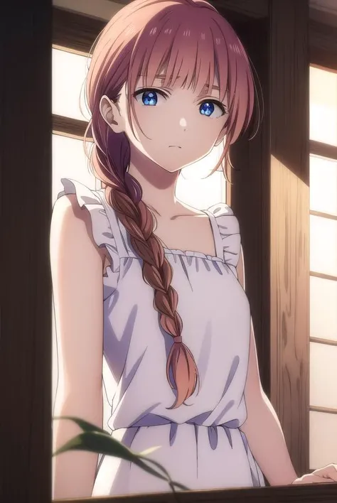 tokikohishigata, <lora:tokiko hishigata s1-lora-nochekaiser:1>,
tokiko hishigata, long hair, bangs, brown hair, blue eyes, braid, blunt bangs, single braid, hair over shoulder,
BREAK collarbone, sleeveless, dress, frilled dress, white dress,
BREAK outdoors,
BREAK looking at viewer,
BREAK <lyco:GoodHands-beta2:1>, (masterpiece:1.2), best quality, high resolution, unity 8k wallpaper, (illustration:0.8), (beautiful detailed eyes:1.6), extremely detailed face, perfect lighting, extremely detailed CG, (perfect hands, perfect anatomy),