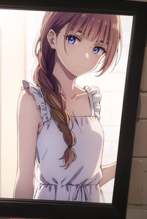 tokikohishigata, <lora:tokiko hishigata s1-lora-nochekaiser:1>,
tokiko hishigata, long hair, bangs, brown hair, blue eyes, braid, blunt bangs, single braid, hair over shoulder,
BREAK collarbone, sleeveless, dress, frilled dress, white dress,
BREAK outdoors,
BREAK looking at viewer,
BREAK <lyco:GoodHands-beta2:1>, (masterpiece:1.2), best quality, high resolution, unity 8k wallpaper, (illustration:0.8), (beautiful detailed eyes:1.6), extremely detailed face, perfect lighting, extremely detailed CG, (perfect hands, perfect anatomy),