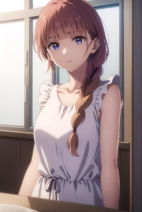 tokikohishigata, <lora:tokiko hishigata s1-lora-nochekaiser:1>,
tokiko hishigata, long hair, bangs, brown hair, blue eyes, braid, blunt bangs, single braid, hair over shoulder,
BREAK collarbone, sleeveless, dress, frilled dress, white dress,
BREAK outdoors,
BREAK looking at viewer,
BREAK <lyco:GoodHands-beta2:1>, (masterpiece:1.2), best quality, high resolution, unity 8k wallpaper, (illustration:0.8), (beautiful detailed eyes:1.6), extremely detailed face, perfect lighting, extremely detailed CG, (perfect hands, perfect anatomy),