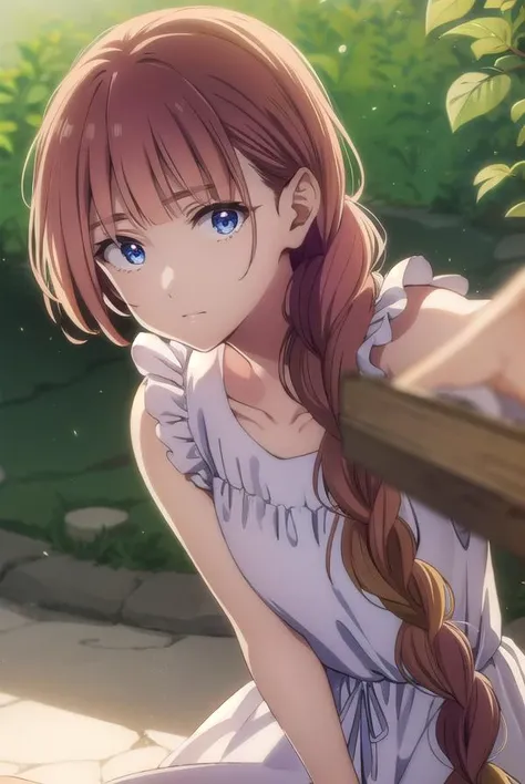 tokikohishigata, <lora:tokiko hishigata s1-lora-nochekaiser:1>,
tokiko hishigata, long hair, bangs, brown hair, blue eyes, braid, blunt bangs, single braid, hair over shoulder,
BREAK collarbone, sleeveless, dress, frilled dress, white dress,
BREAK outdoors,
BREAK looking at viewer,
BREAK <lyco:GoodHands-beta2:1>, (masterpiece:1.2), best quality, high resolution, unity 8k wallpaper, (illustration:0.8), (beautiful detailed eyes:1.6), extremely detailed face, perfect lighting, extremely detailed CG, (perfect hands, perfect anatomy),