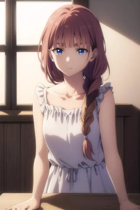 tokikohishigata, <lora:tokiko hishigata s1-lora-nochekaiser:1>,
tokiko hishigata, long hair, bangs, brown hair, blue eyes, braid, blunt bangs, single braid, hair over shoulder,
BREAK collarbone, sleeveless, dress, frilled dress, white dress,
BREAK outdoors,
BREAK looking at viewer,
BREAK <lyco:GoodHands-beta2:1>, (masterpiece:1.2), best quality, high resolution, unity 8k wallpaper, (illustration:0.8), (beautiful detailed eyes:1.6), extremely detailed face, perfect lighting, extremely detailed CG, (perfect hands, perfect anatomy),