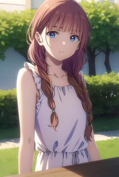 tokikohishigata, <lora:tokiko hishigata s1-lora-nochekaiser:1>,
tokiko hishigata, long hair, bangs, brown hair, blue eyes, braid, blunt bangs, single braid, hair over shoulder,
BREAK collarbone, sleeveless, dress, frilled dress, white dress,
BREAK outdoors,
BREAK looking at viewer,
BREAK <lyco:GoodHands-beta2:1>, (masterpiece:1.2), best quality, high resolution, unity 8k wallpaper, (illustration:0.8), (beautiful detailed eyes:1.6), extremely detailed face, perfect lighting, extremely detailed CG, (perfect hands, perfect anatomy),