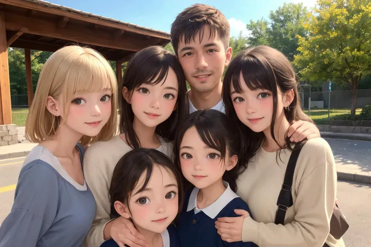 AS-MidAged, multiple girls, family photo, granpa and gramma and father and mother and children and babies, in front of school gate, detailed clothes, look at viewer, best quality, masterpiece, hires, depth of field, detailed background, diffused natural sunlight, diffused natural skin glow