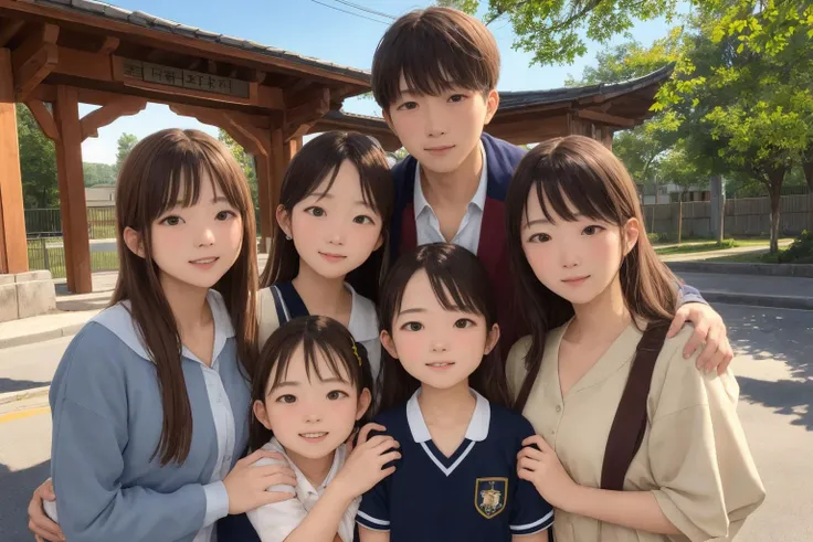 AS-Adult, multiple girls, family photo, granpa and gramma and father and mother and children and babies, in front of school gate, detailed clothes, look at viewer, best quality, masterpiece, hires, depth of field, detailed background, diffused natural sunlight, diffused natural skin glow