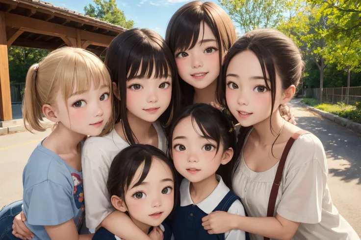 AS-Young, multiple girls, family photo, granpa and gramma and father and mother and children and babies, in front of school gate, detailed clothes, look at viewer, best quality, masterpiece, hires, depth of field, detailed background, diffused natural sunlight, diffused natural skin glow