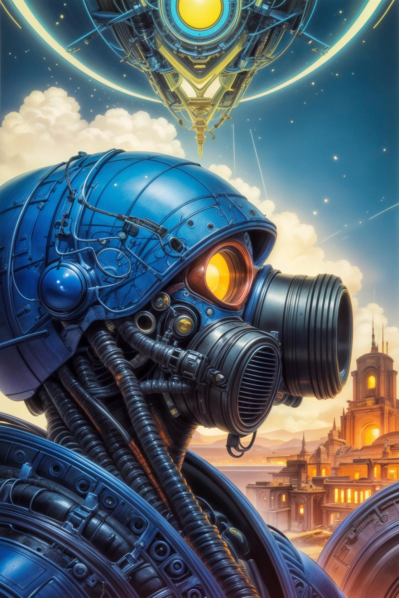 <lora:methurlant:1> methurlant, portrait of a robot, (from side:0.3), full-face gas mask, mecha, cinematic, cyberpunk, futuristic, dark theme, reflected light, zentangle, fractal art, cylinder, surrealism, <lora:add_detail:1> abandoned ruin at background, detailed background