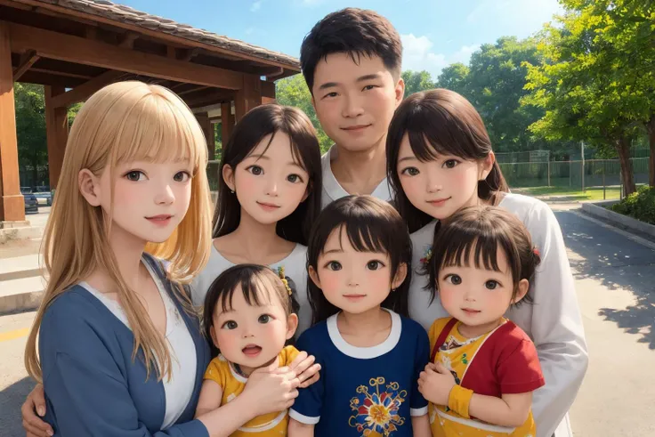 multiple girls, family photo, granpa and gramma and father and mother and children and babies, in front of school gate, detailed clothes, look at viewer, best quality, masterpiece, hires, depth of field, detailed background, diffused natural sunlight, diffused natural skin glow