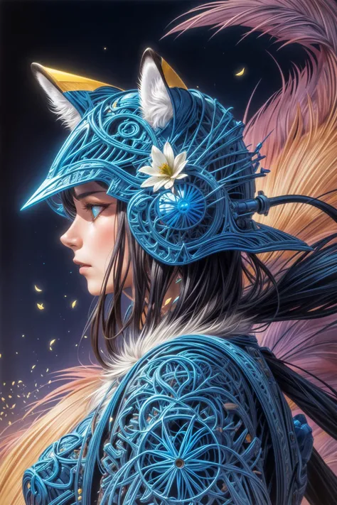 <lora:methurlant:1> methurlant, portrait of a fox girl, (from side:0.3), armor helmet, mecha, cinematic, cyberpunk, futuristic, dark theme, reflected light, zentangle, fractal art, cylinder, surrealism, <lora:add_detail:1> abandoned ruin at background, detailed background, wolf ears, white kimono, fox tail, light particles, falling flower petals, face focus