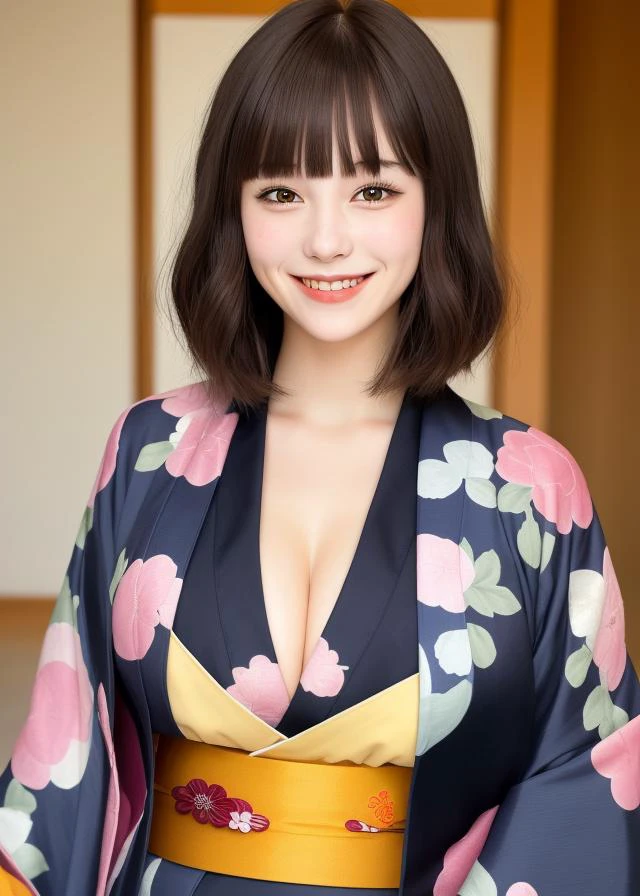 1girl,blunt bangs,kimono,8k,large chest,smile,