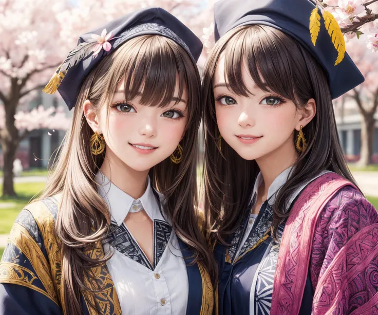 academic gown, academic robe, mortarboard, square cap, university campus, buildings, cherry blossoms, smiling, 2girls, detailed uniform, look at viewer, (SIGMA 85mm f1.4), depth of field, bokeh, detailed photorealistic background, diffused natural sunlight, diffused natural skin glow, face focus, extremely detailed, (abstract background, zentangle, fractal art:1.3), (many colors, colorful:1.1), (feathers, petals, flowers:1.3), earrings <lora:add_detail:0.6>