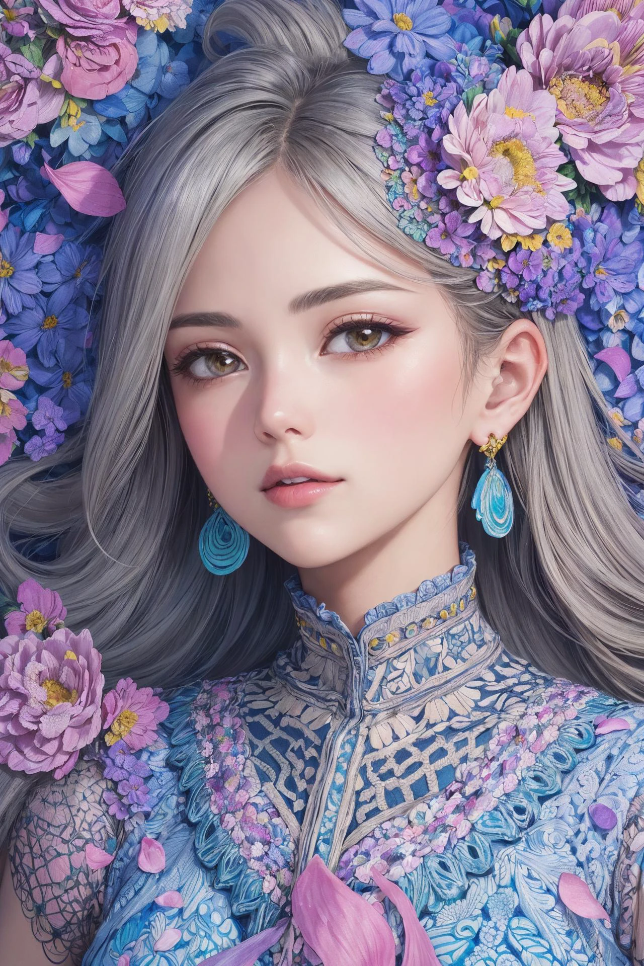best quality, hires, extremely detailed, detailed background, diffused natural lighting, (flower field, flower petals, surrounded by flowers:1.4), (zentangle, fractal art:1.3), (many colors, colorful:1.1), (1milf, matured female, face focus), seductive, wind blowing, earrings, wearing detailed exotic clothes