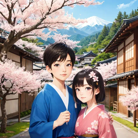 ((1boy, 1girl)), Japanese, colorful, illustration, detailed background, outdoor, old Japanese village, cherry blossoms, perspective view