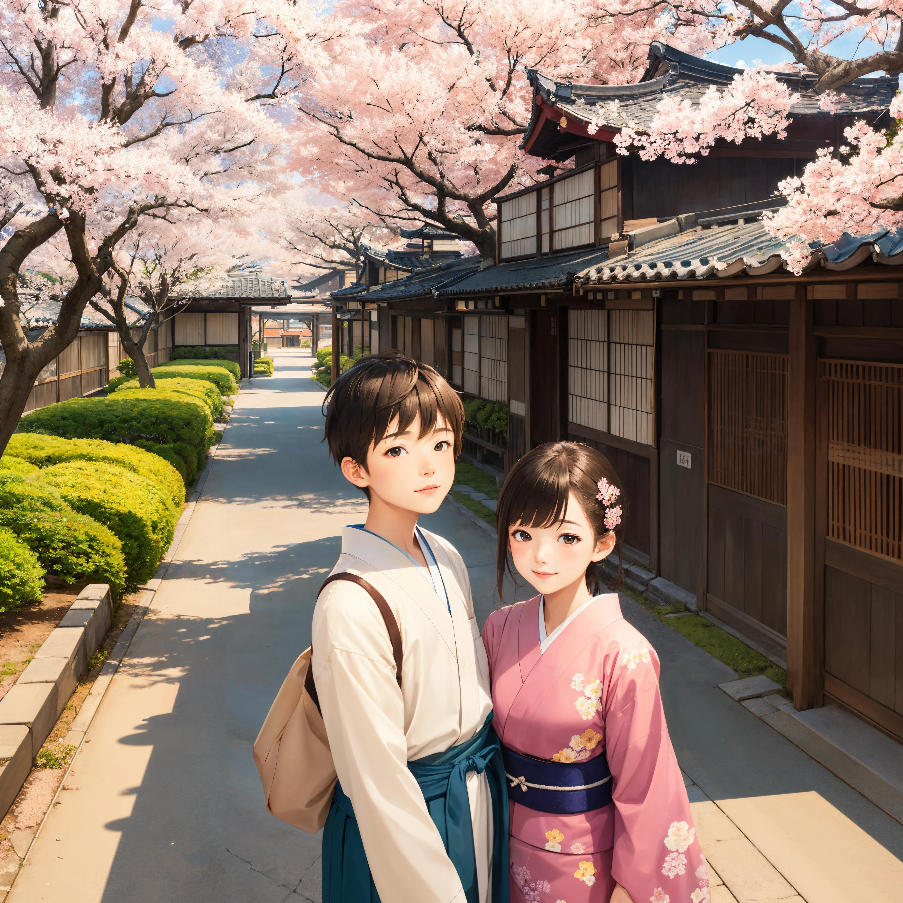 ((1boy, 1girl)), Japanese, colorful, illustration, detailed background, outdoor, old Japanese village, cherry blossoms, perspective view