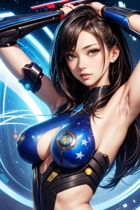 a woman with a futuristic body and a futuristic background with stars and circles around her, and a futuristic design, Artgerm, yukito kishiro, cyberpunk art, fantasy art <lora:add_detail:1> armpit hair:1.3 <lora:female pubic hair3:1>