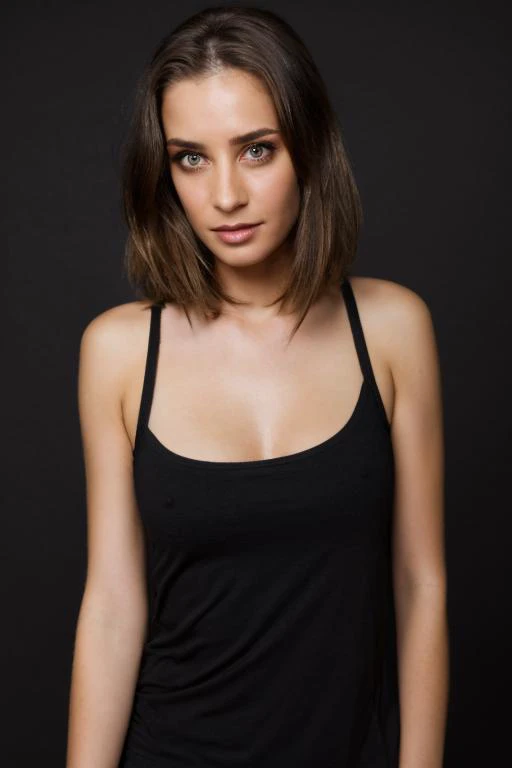 a portrait of <lora:B3th:1> in front of a [plain black background] wearing a black tank top, collarbone, [headshot], [centre frame], looking at the camera, facing the camera,
 dynamic lighting, 
photorealistic, high detail, detailed, masterpiece, 8k, highres, flawless, colour, professional