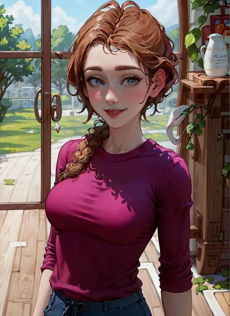 ((best quality)), ((highly detailed)), masterpiece, absurdres, (detailed eyes, deep eyes), (1girl), dynamic pose, upper body, <lora:jodi:1>, jodi, brown hair, braid, single braid, brown eyes, smiling, pink shirt, pants, (indoors, in a court room)