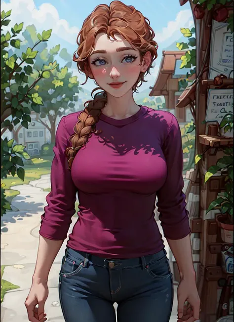 ((best quality)), ((highly detailed)), masterpiece, absurdres, (detailed eyes, deep eyes), (1girl), upper body, <lora:jodi:1>, jodi, brown hair, braid, single braid, brown eyes, smiling, pink shirt, pants, (in a wild west town, afternoon)