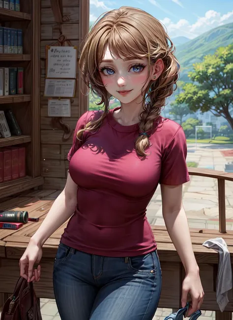 ((best quality)), ((highly detailed)), masterpiece, absurdres, (detailed eyes, deep eyes), <lora:more_details:.5>, (1girl), cowboy shot, <lora:hairdetailer:.7>, <lora:jodi:.7>, jodi, brown hair, braid, single braid, brown eyes, smiling, pink shirt, pants, (inside, in a court room)