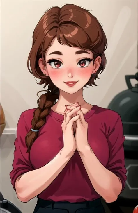 best quality, (masterpiece),(ultra-detailed), (high quality), (high resolution),   <lora:jodi-10:0.7>,1girl, bangs, blush, braid, brown hair, bubble, earrings, expressions, hair over shoulder, jewelry, jodi, long hair, looking at viewer, male focus, brown hair, own hands together, red lips, simple background, single braid, smile, solo, stove, teeth, upper body, pink shirt, pants
