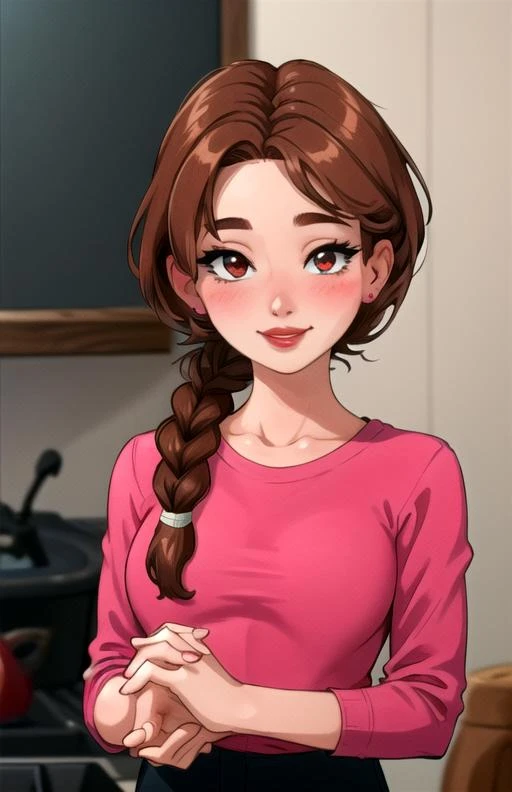 best quality, (masterpiece),(ultra-detailed), (high quality), (high resolution),   <lora:jodi-10:0.7>,1girl, bangs, blush, braid, brown hair, bubble, earrings, expressions, hair over shoulder, jewelry, jodi, long hair, looking at viewer, male focus, brown hair, own hands together, red lips, simple background, single braid, smile, solo, stove, teeth, upper body, pink shirt, pants