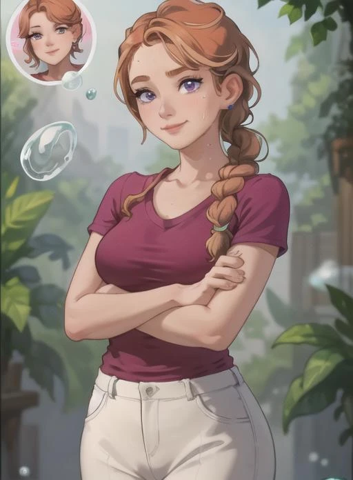 best quality, (masterpiece),(ultra-detailed), (high quality), (high resolution),    <lora:jodi:0.7>,1girl, artist name, braid, braided ponytail, brown hair, bubble, closed mouth, crossed arms, earrings, gradient, hair over shoulder, holding, jewelry, jodi, lips, long hair, orange hair, pink shirt, purple eyes, shirt, shoes, short sleeves, single braid, smile, solo, stud earrings, sweat, upper teeth only