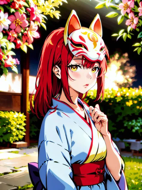 kitsunemask  close up, a person wearing a kitsunemask on face, Colorful magic light surrounds the whole body, glare smoke, in a garden with beautiful flowers <lora:kitsunev0.4-000002:0.8>