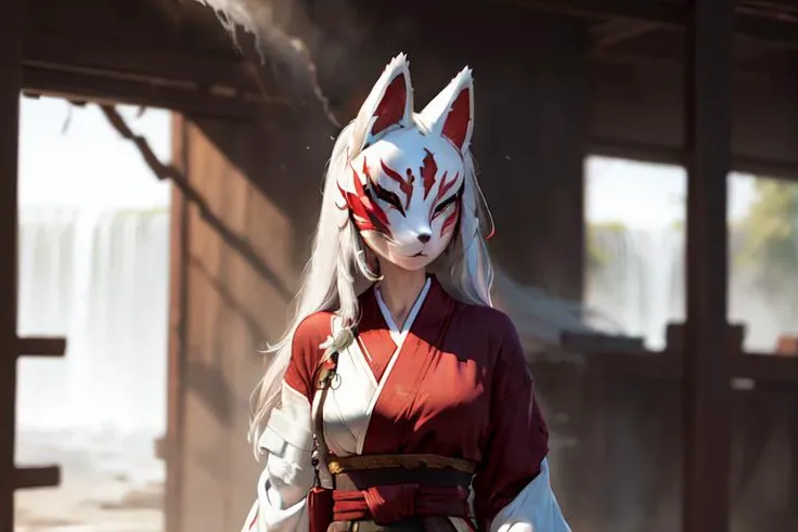 female, woman, red and white fantasy robes, long white hair, wind, cinematic, atmospheric, chiaroscuro, movement, badass, waterfall arena, power, dust particles, dust, ninja crouch, feminine <lora:kitsunev0.4:1> kitsunemask, bandages, [fox mask]