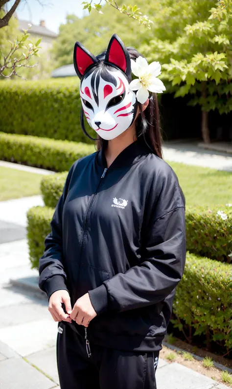 kitsunemask a person wearing a kitsunemask on face, in techwear jacket and jeans, in a garden with beautiful flowers, long hair, dancing <lora:kitsunev0.4-000002:0.9>