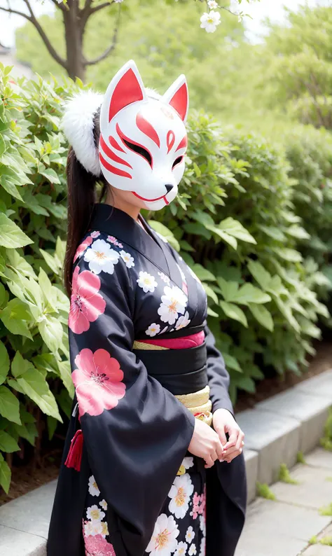 kitsunemask a person wearing a kitsunemask on face, in a kimono decorated with cherry blossoms, in a garden with beautiful flowers, long hair, dancing <lora:kitsunev0.4-000002:0.9>