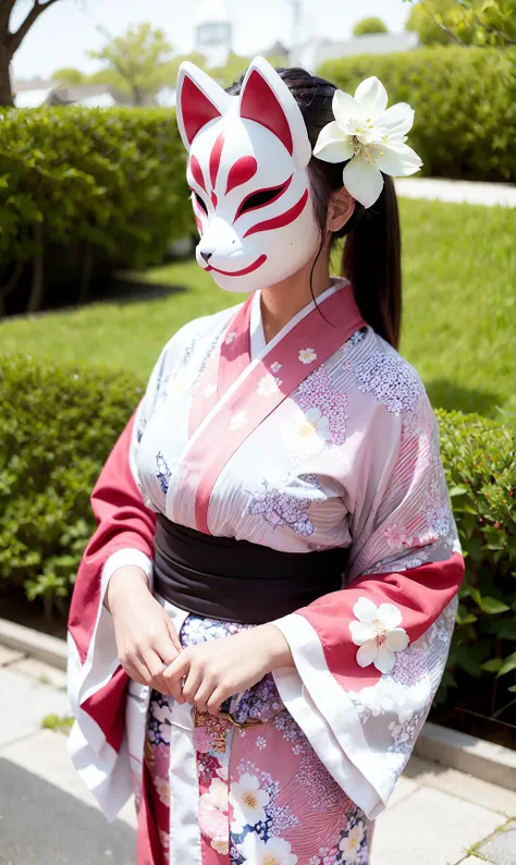 kitsunemask a person wearing a kitsunemask on face, in a kimono decorated with cherry blossoms, in a garden with beautiful flowers, long hair, dancing <lora:kitsunev0.4-000002:0.9>