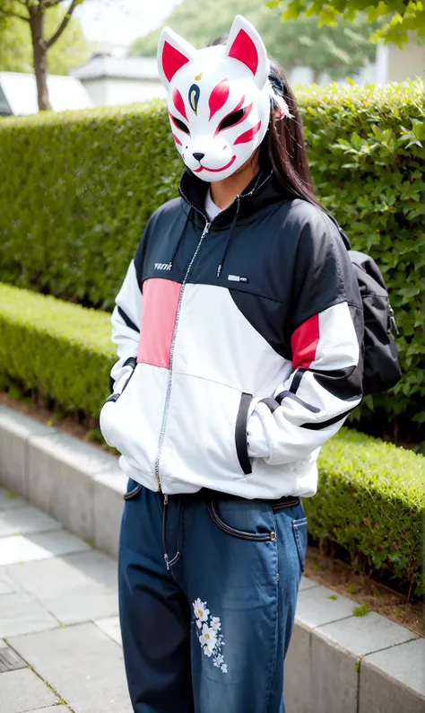 kitsunemask a person wearing a kitsunemask on face, in techwear jacket and jeans, in a garden with beautiful flowers, long hair, dancing <lora:kitsunev0.4-000002:0.9>