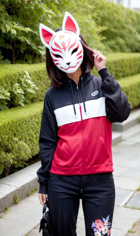 kitsunemask  a person wearing a kitsunemask on face,  in techwear jacket and jeans, in a garden with beautiful flowers, long hair, dancing <lora:kitsunev0.4-000002:0.9>