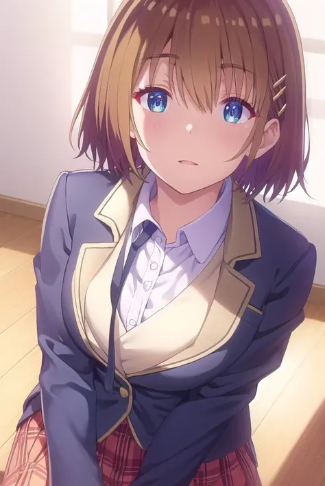 mizuhakiryuu, <lora:mizuha kiryuu s1-lora-nochekaiser:1>,
mizuha kiryuu, short hair, blue eyes, brown hair, hair ornament, hairclip,
BREAK skirt, bow, school uniform, jacket, plaid, plaid skirt, blazer,
BREAK indoors, classroom,
BREAK looking at viewer,
BREAK <lyco:GoodHands-beta2:1>, (masterpiece:1.2), best quality, high resolution, unity 8k wallpaper, (illustration:0.8), (beautiful detailed eyes:1.6), extremely detailed face, perfect lighting, extremely detailed CG, (perfect hands, perfect anatomy),