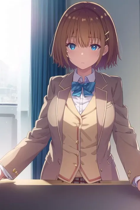 mizuhakiryuu, <lora:mizuha kiryuu s1-lora-nochekaiser:1>,
mizuha kiryuu, short hair, blue eyes, brown hair, hair ornament, hairclip,
BREAK skirt, bow, school uniform, jacket, plaid, plaid skirt, blazer,
BREAK indoors, classroom,
BREAK looking at viewer,
BREAK <lyco:GoodHands-beta2:1>, (masterpiece:1.2), best quality, high resolution, unity 8k wallpaper, (illustration:0.8), (beautiful detailed eyes:1.6), extremely detailed face, perfect lighting, extremely detailed CG, (perfect hands, perfect anatomy),