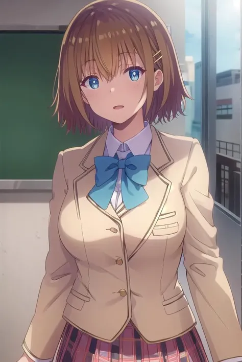 mizuhakiryuu, <lora:mizuha kiryuu s1-lora-nochekaiser:1>,
mizuha kiryuu, short hair, blue eyes, brown hair, hair ornament, hairclip,
BREAK skirt, bow, school uniform, jacket, plaid, plaid skirt, blazer,
BREAK indoors, classroom,
BREAK looking at viewer,
BREAK <lyco:GoodHands-beta2:1>, (masterpiece:1.2), best quality, high resolution, unity 8k wallpaper, (illustration:0.8), (beautiful detailed eyes:1.6), extremely detailed face, perfect lighting, extremely detailed CG, (perfect hands, perfect anatomy),