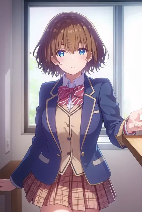 mizuhakiryuu, <lora:mizuha kiryuu s1-lora-nochekaiser:1>,
mizuha kiryuu, short hair, blue eyes, brown hair, hair ornament, hairclip,
BREAK skirt, bow, school uniform, jacket, plaid, plaid skirt, blazer,
BREAK indoors, classroom,
BREAK looking at viewer,
BREAK <lyco:GoodHands-beta2:1>, (masterpiece:1.2), best quality, high resolution, unity 8k wallpaper, (illustration:0.8), (beautiful detailed eyes:1.6), extremely detailed face, perfect lighting, extremely detailed CG, (perfect hands, perfect anatomy),
