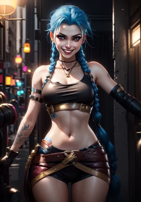 jinx, grin, portrait,, (acclaimed, alluring, captivating, exciting, gorgeous, striking:1.3), charming, (trending on CGSociety, trending on pixiv, contest winner:1.3)