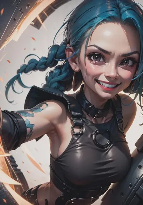 <lora:jinx:0.8>, jinx, evil grin, portrait,, (acclaimed, alluring, captivating, exciting, gorgeous, striking:1.3)